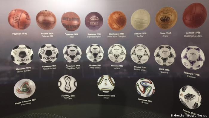 Один из плакатов: мячи, которыми играли на чемпионатах мира. Справа внизу - мяч ЧМ-2018 в России