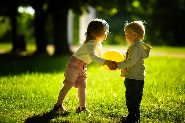 Мальчик и девочка играет с мячом Стоковое Фото