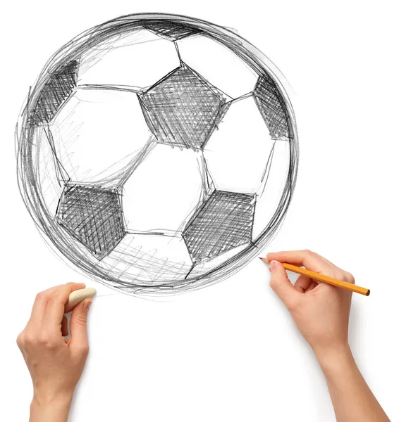 Футбол футбольный мяч и рука с карандашом Стоковое Фото