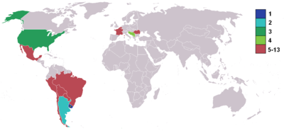 Карта мира, показывающая цветом страны по занятом месту в ЧМ-1930