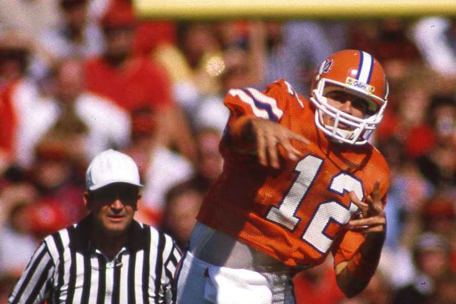 Times-Union File Photo - 11/10/84 -- Florida Gator QB Kerwin Bell (12) makes a throw during the game. He and Ricky Nattiel connected on a 96-yard pass and run during the 1984 Florida vs. Georgia game in the Gator Bowl in Jacksonville, FL. (Dan Sheehan/ Staff)