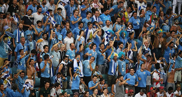Болельщики сборной Уругвая радуются забитому голу в матче 1/8 финала чемпионата мира по футболу между сборными Уругвая и Португалии