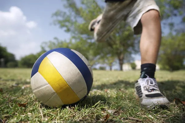 Дети играют в футбол игра, молодой мальчик, попав мячом в парке Стоковая Картинка