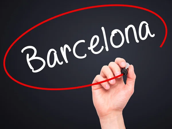 Человек почерков, Барселоны с черным маркером на визуальный экране Стоковая Картинка