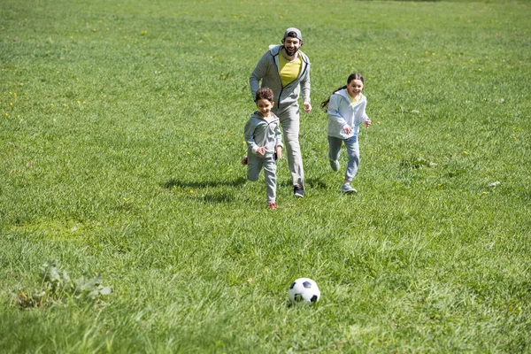 Счастливая Спортивная Семья Играть Футбол Травянистый Луг Стоковое Изображение