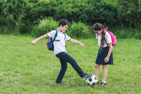 Счастливы Вместе Играть Футбол Лугу Парке Школьников Лицензионные Стоковые Фото