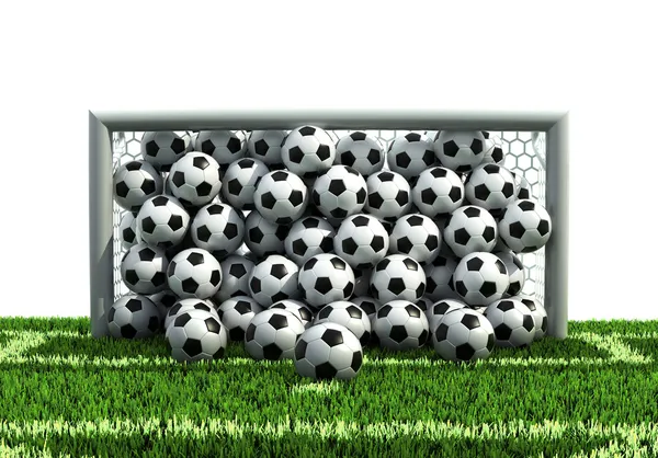 Цель полной футбольные мячи на футбольном поле Стоковое Фото